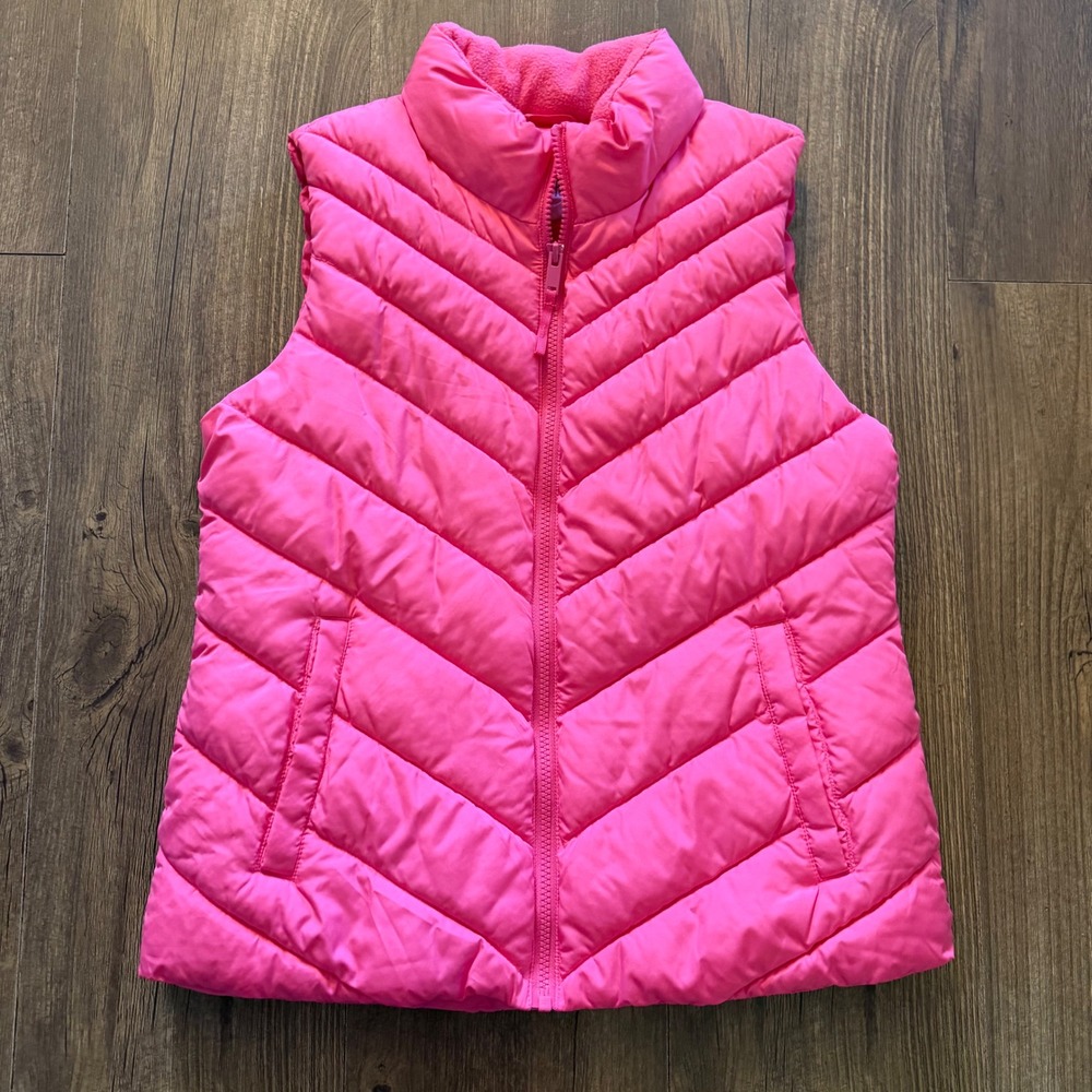 Gap Warmest Puffer Vest Womens Small Bold Pink Chevron Quilted Fleece Collar‎